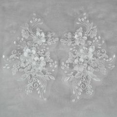 新品 2枚 刺繍アップリケ 3D ビーズレース生地 刺繍花 衣類DIYパッチ ブライダルドレス装飾 手縫いレース（ベージュ）