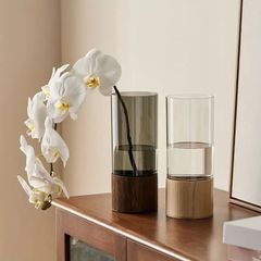 サークルガラスウッドフラワーベース 花瓶 スタイリッシュ 高さ29cm 