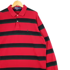 メンズUS-XLサイズ 90's ポロラルフローレン 長袖鹿の子ポロシャツ ボーダー柄 赤黒緑 sh-3626n