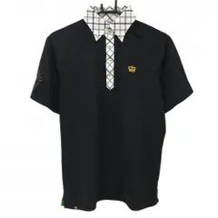 フィラゴルフ 半袖ポロシャツ 黒×白 格子地模様 襟・前立てチェック クラウン刺しゅう メンズ L ゴルフウェア FILA GOLF