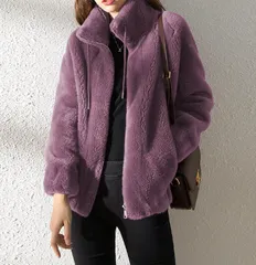 【パープル】ボアジャケット フェイクファー ジャケット コート レディース ショート丈 ふわもこ アウター 軽量 暖かい 秋 冬 カジュアル おしゃれ かわいい