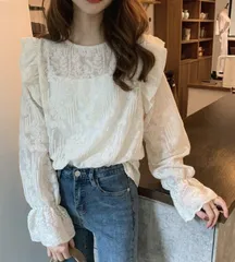 在庫3点限り☆ 新品 花柄ブラウス 刺繡ブラウス シアーブラウス レース  透け感 フリル 白ガーリー フェミニン 韓国ファッション ブラウス #レース #花柄  フリルブラウス 古着風