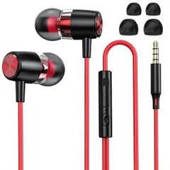 2025新発品イヤホン有線イヤホン3.5mmジャックHIFI音質音量調整重低音ノイズキャンセリングマイク付き通話可能ハイレゾクリア通話音量調節ステレオイヤフォンスマホイヤホン(レッド)