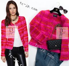 93万シャネル ジャケット CHANEL 美人見え コーラル ホット ピンク 春夏 サマー ツイード キャンディー シリーズ 超美品 36 42 カールラガーフェルド