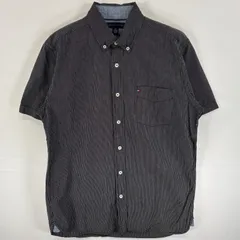 古着 トミーヒルフィガー TOMMY HILFIGER 半袖シャツ ボタンダウンシャツ ワンポイント ロゴ 刺繍 CLASSIC  FIT S  ブラック系 ストライプ メンズ