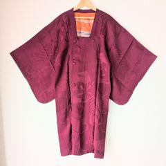 Japanese Vintage Haori dress Michiyuki coat Red-purple Silk Kimono Gown Old-ⅽloth 長羽織 羽織 正絹 道行コート 赤紫 古布 時代布 一点物 大正浪漫 和洋折衷