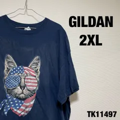 GILDAN Tシャツ 半袖 2XL ネイビー ビッグプリント アニマル 猫 CAT アメリカ 星条旗 かわいい サングラス ギルダン RN93846 古着 TK11497
