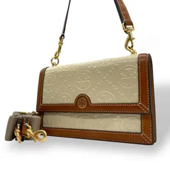 極美品 TORY BURCH トリーバーチ Tモノグラム ロゴ ショルダーバッグ ウォレット クロスボディ エナメル レザー 白 アイボリー 茶 ブラウン ゴールド金具 レディース K4