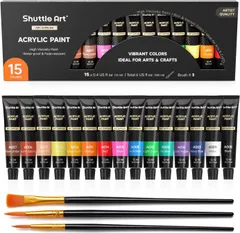 Shuttle Art アクリル絵の具 アクリル顔料 15色セット 速乾 耐久 チューブ 12ml 手作り 布/石/ガラス/セラミックに描ける 子供用 イラスト 塗り絵 クラフト 美術 画材 宿題 初心者 専門家