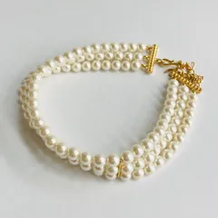 ガラスパール3連チョーカーネックレス/8mm約33cm+8cm/クリーム/G/made in japan