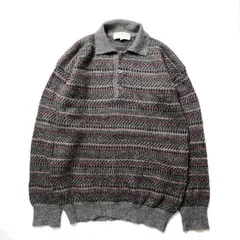 80's 90's ペルー製 Peruvian Connection ボーダー 100% アルパカ ハンドニット ポロセーター (L) 灰 総柄 手編み ポロニット 90年代 アメリカ古着 USED  ビンテージ ヴィンテージ