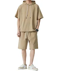 XL_サンド [ジェンマプラス] 【さらっと涼感】 セットアップ メンズ 夏 半袖パーカー 夏服 上下セット tシャツ シャツ ショートパンツ ハーフパンツ 半ズボン 短パン ジャージ ルームウェア 部屋着 接触冷感 カジュアル シンプル 大きいサイズ サンド