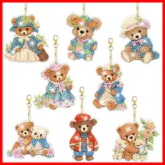 8個ダイヤモンドアートキーホルダーキットDIY手作り絵画クラフトキット5Dモザイクアートダイヤモンドペインティング特殊形状ダイヤモンドキーチェーンアクセサリーバッグアクセサリー(ぬいぐるみクマダイヤモンドアートキーペンダント)
