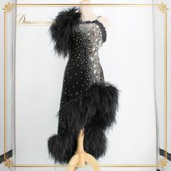 【社交ダンス衣装】ブラック dance fashion design room ラテン ドレス ワンピース 黒 ベロア ファー 羽 高級感 デモ 競技用 綺麗 きれいめ 大人っぽい スカート キラキラ シック シルバー ダーク ダンス ダンスウェア カジュアル