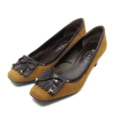 ダイアナ DIANA WELL FIT エナメル スエード キルト リボン パンプス スクエアトゥ キャメル ブラウン 25.5cm