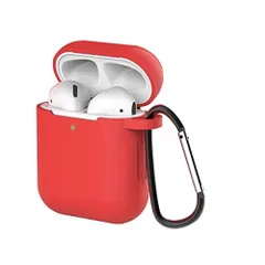 1:AirPods ケース AirPods第2世代と第1世代に適用（前のLEDライトが見える）  全面保護ケース Apple エアーポッズ カバー 軽量 小型 かわいい TPUケース　レッド　赤　 耐衝撃 防塵 カラビナ付き 紛失防止　ms185