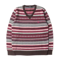 美品 BURBERRY BLACK LABEL バーバリー ブラックレーベル ニット サイズ:2 ワンポイントロゴ フェアアイル柄 Vネック コットン ニット パープル ホワイト ネイビー ブラウン トップス セーター【メンズ】