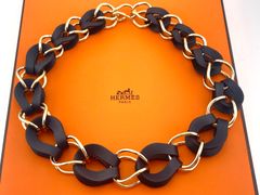 未使用に近い HERMES エルメス ヴィルヴォルト ネックレス ヴォースイフト レザー ブルーインディゴ ノワール ネイビー ブラック 紺 黒 ゴールド金具 アクセサリー
