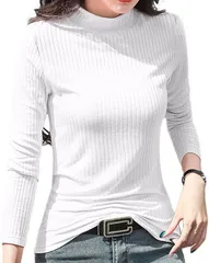 B-talk(ビートーク) BT39 ソフト リブ ハイネック Tシャツ カットソー ストレッチ トップス 長袖 インナー レディース 薄手 リブニット セーター ロング 無地 タートルネック シンプル(ホワイト,  M)