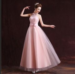 イブニングドレス ロングドレス パーティードレス レディース 結婚式 演奏会 M ピンク 肩だし ホルターネック ワンピース 袖なし ノースリーブ リボン レース レースアップ フォーマルドレス ブライダル  二次会 ステージ シフォン da057ze