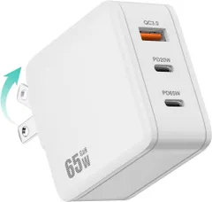 PD USB充電器 65W GaN Type C 急速充電器 高速充電器 PD対応 USB-C×2 & USB A 3ポートGaN(窒化ガリウム) 折りたたみ式プラグ PSE技術基準適合