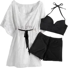 ルナリ 水着 3点セット ビキニ レースワンピース 体型カバー セットアップ セパレート タンキニ 日焼け対策( ブラック,  M)