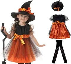 Miwoluna ハロウィン コスプレ 子供用 魔女 魔女っ子 衣装 仮装 ドレス ワンピース セット 可愛い 女の子 キッズ 帽子 タイツ付き パーティー コスチューム(オレンジ,  90)