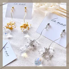 《304ステンレス 24KGP 本金メッキ》 大粒 ティアドロップ オーロラ クリア ビーズ ピアス 雫型 ガラス シルバー ゴールド メタル ワイヤー 小粒パール ジャラジャラ  揺れる ハンドメイドピアス アレルギー対応 《イヤリング変更可能》