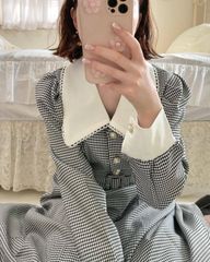 【新品】check puff sleeves OP  チェック柄 フレンチガーリー　ワンピース　レディース　ロング　可愛い　春夏　秋冬　おしゃれカフェ　 A0001