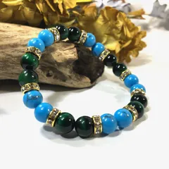 ターコイズ&グリーンタイガーアイ　パワーストーン ブレスレット　8mm（ゴールド）レディース 女性  数珠ブレス 開運 プレゼント ギフト  [5]