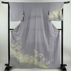 付下げ 身丈163cm 裄丈66cm M 袷 秋草 樹木 金彩 ぼかし 薄紫 正絹 秀品 【中古】