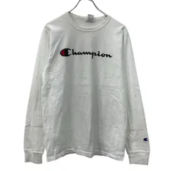 Champion 長袖 プリントTシャツ M ホワイト ブラック チャンピオン ビッグプリント 刺繍ロゴ アームロゴ シンプル 冬物 a709-6793