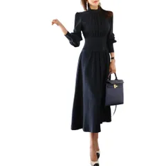 ☆ ネイビー ☆ M ☆ パーティードレス ウエストマークワンピース yknadress パーティードレス ロング 袖あり ワンピース 長袖 ドレス パーティドレス フォーマルドレス 春 夏 秋 冬 シンプル レディース 結婚式 二次会 入園式 卒業式