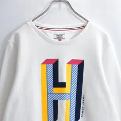 トルコ製 TOMMY JEANS トミージーンズ フロッキープリント ロゴ スウェットシャツ トレーナー ヴィンテージ ホワイト ビンテージ USA アメリカ古着 レディース Sサイズのサムネイル