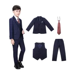 100_ネイビー [WEEN CHARM] 男の子 フォーマルスーツ 子供 スーツ ボーイズ チエック柄 キッズ 千鳥柄 4点セット 発表会 七五三 結婚式 かっこいい 入学式 卒業式 90~150