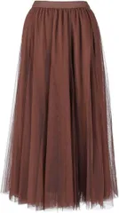 PicoCharm ロングスカート フレア プリーツ マキシ丈 レディース チュール ウエストゴム 裏地付き ボトムス 体型カバー 春 夏 秋 冬( ダークブラウン,  L)