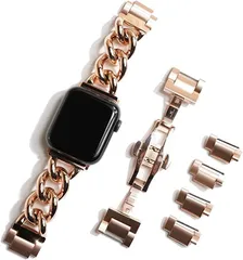 Royce&Roland AppleWatch用 チャンキー チェーンベルト シルバー/ステンレス 工具不要 バタフライバックル 40mm 41mm 42mm(ピンクゴールド,  40mm 41mm 42mm)