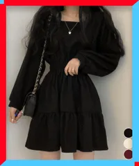 新品 ティアードミニワンピース ウエストマーク スクエアネック長袖 韓国風ワンピース黒 ガーリーワンピース