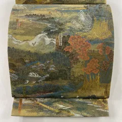 袋帯 美品 名品 風景 樹木 箔 灰緑 お太鼓柄 正絹 【中古】