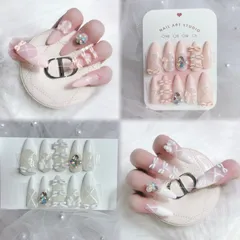 29 ネイルチップ 量産型 地雷 韓国 ワンホン フレンチガーリー バレエコア リボン 編み上げ