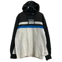 Reebok ロゴスウェット パーカー M ブラック ホワイト ブルー リーボック スポーツ プルオーバー 裏起毛 古着卸 アメリカ仕入 a702-6665