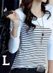 【新品】レディース ストライププリント クルーネック長袖Tシャツ