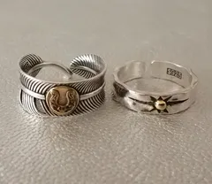 新品【 インディアンジュエリー リング ２個セット 】 フェザー ホースシュー 幸運のお守り 太陽 シルバー 指輪 メンズ レディース ビンテージ アンティーク ゴシック Ｓ925刻印 Silver Plated フリーサイズ 【残りわずか！早いもの勝ち】