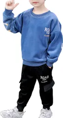 [ウェアビー]スウェット 上下セット セットアップ ジョガーパンツ スウェットシャツ キッズ ボーイズ アクティブウェア パジャマ 寝巻 子供服 韓国 男の子 女の子 キッズ服 ロゴプリント バックプリント ロゴ テーパード ドロップショ [ブルー] [90]