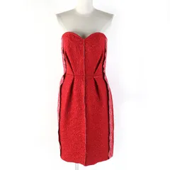 【ドンドン見直し】未使用品△LANVIN ランバン シルク混 ジャガード ベアトップ ノースリーブ ドレス ワンピース 裏地シルク100％ レッド 36 フランス製 正規品 レディース 美シルエット オススメ◎ 定価433,400円