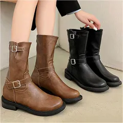 ☆ 39(24.5cm) ☆ ショートブーツ レディース lybt11173 ショートブーツ レディース ショート ブーツ ワークブーツ ウエスタンブーツ ミドルブーツ レディースブーツ ローヒール 歩きやすい 疲れにくい 厚底 シンプル ベルト 2本