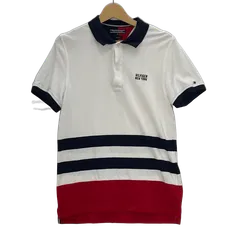 TOMMY HILFIGER/トミーヒルフィガー Slim Fit ボーダー 半袖 ポロシャツ ワンポイント刺繡 メンズ M ホワイト