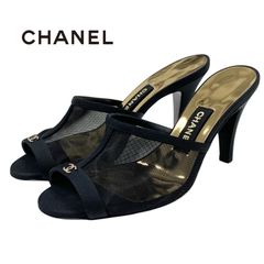 シャネル CHANEL サンダル 靴 シューズ メッシュ ファブリック ブラック 黒 ゴールド 未使用 ミュール ココマーク