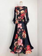 ファンシー】新品 社交ダンス イエロー花柄セットアップ黒 d5104