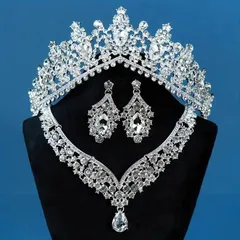 B235 3点セットラインストーンブライド クラウン ネックレスイヤリング